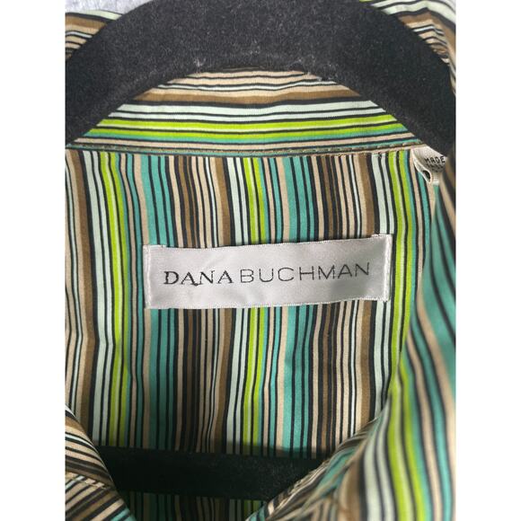 Dana Buchman Women Size 4 Silk Green Brown Blue Striped Button Up - Picture 10 of 12